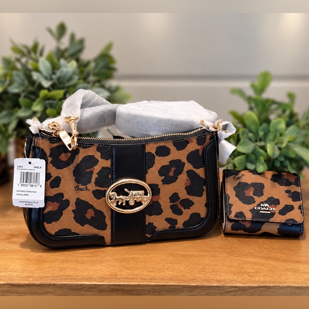 NWT COACH Georgie Baguette~ Leopard Crossbody Bag & Matching Wallet